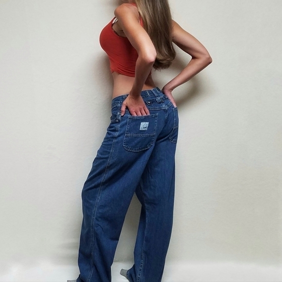 VINTAGE 90s Lee Riveted Dark Wash Wide Leg High Rise Skater Loose Fit Jeans - Picture 3 of 13